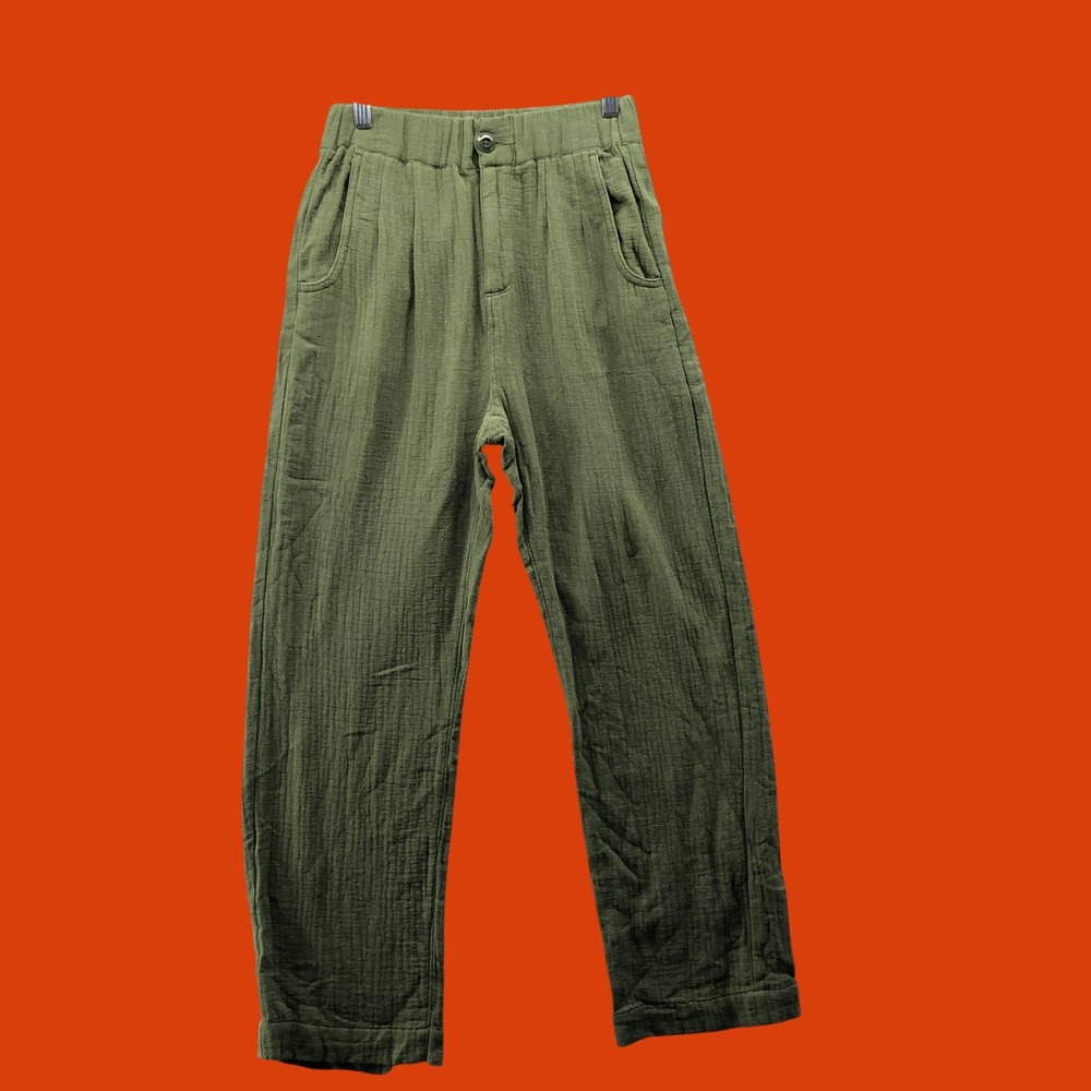 THE GREAT Olive Green Double Gauze Cotton Pleated Trousers Pants Size 0 XS